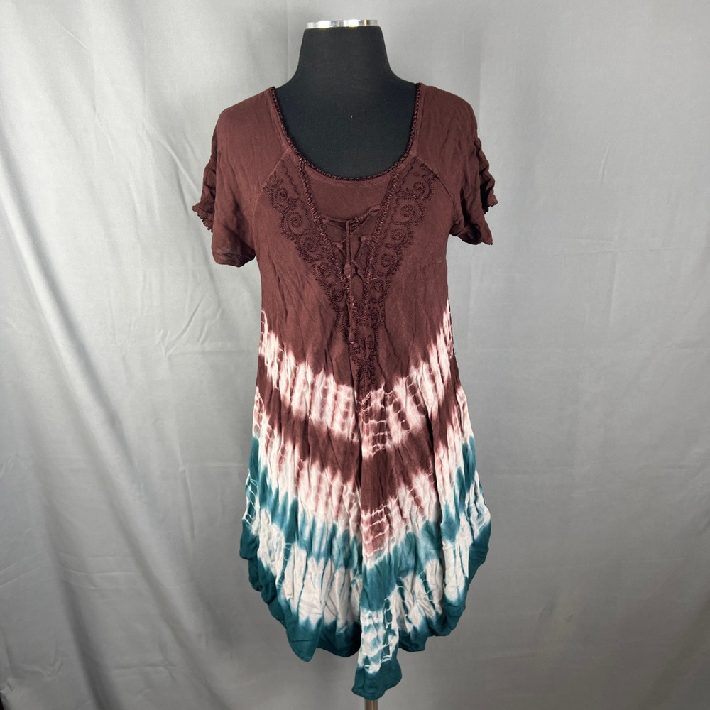 Venice Blue Tunic Dress Womens Free Size Multicolor Tie Dye Embroidered Lace Up